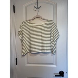 Blu Pepper Womens Striped Crop Top Olive Green White Boxy Short Sleeve Large NWT